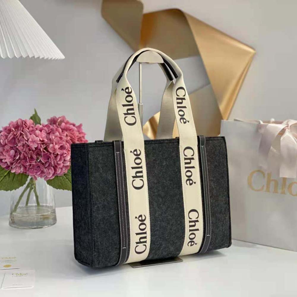Side angle highlighting signature wooden accents on Chloe Women Medium Woody Tote Bag-Silver