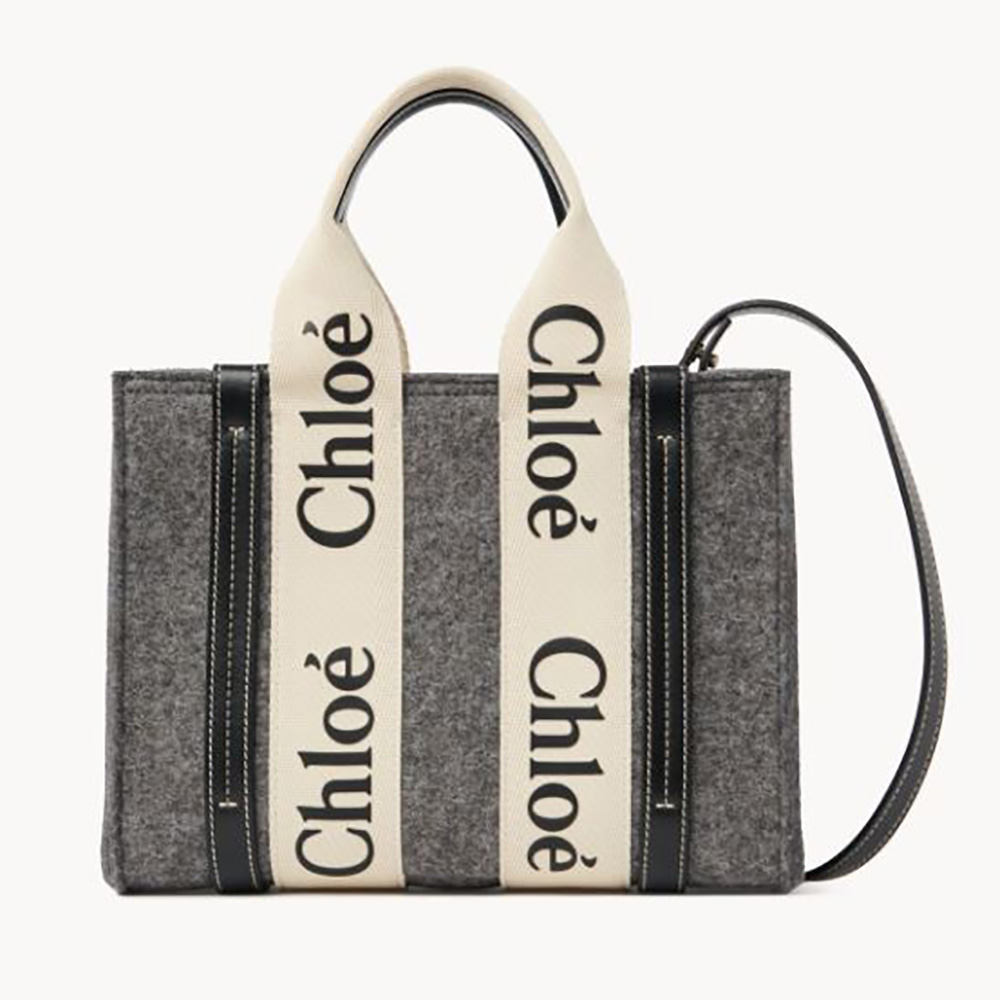 Front view of Chloe Women Small Woody Tote Bag with Strap-Gray showing bamboo handle