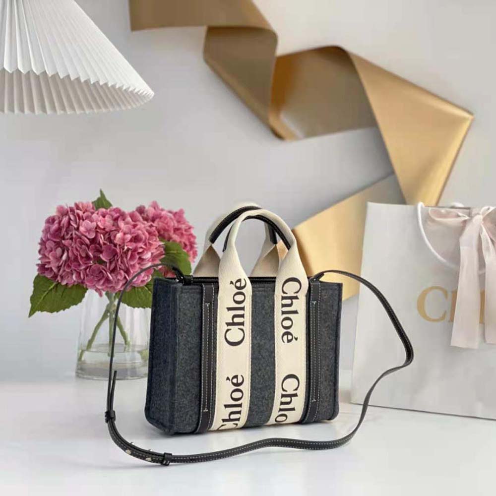 Side angle highlighting detachable strap and zip closure on Chloe Small Woody Tote