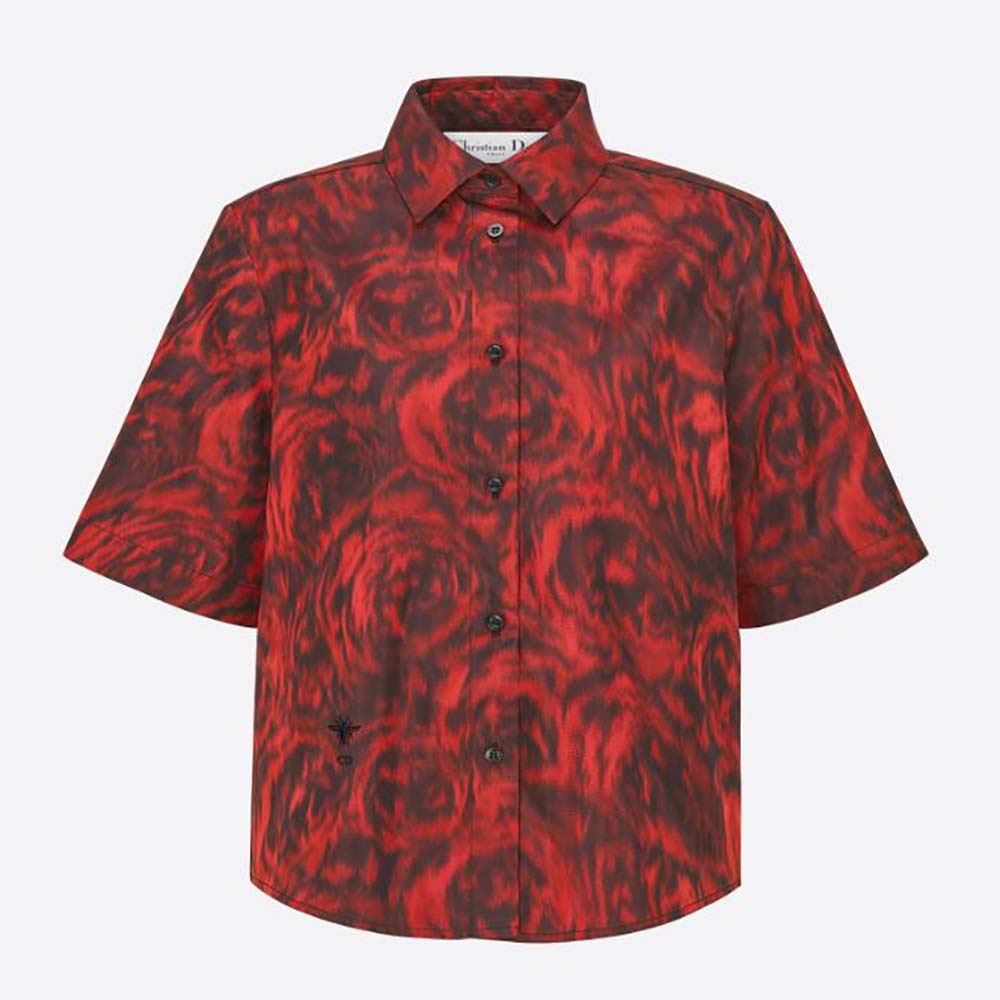Front view of Dior Women Blouse Red Dior Roses Silk Taffeta showing rose print