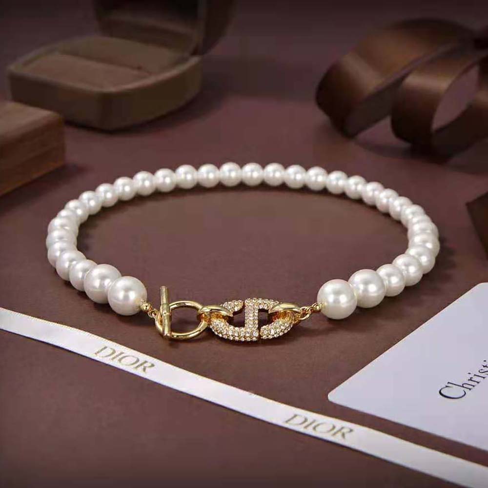 Side angle of Dior Women CD Navy Choker Gold-Finish Metal showing adjustable clasp