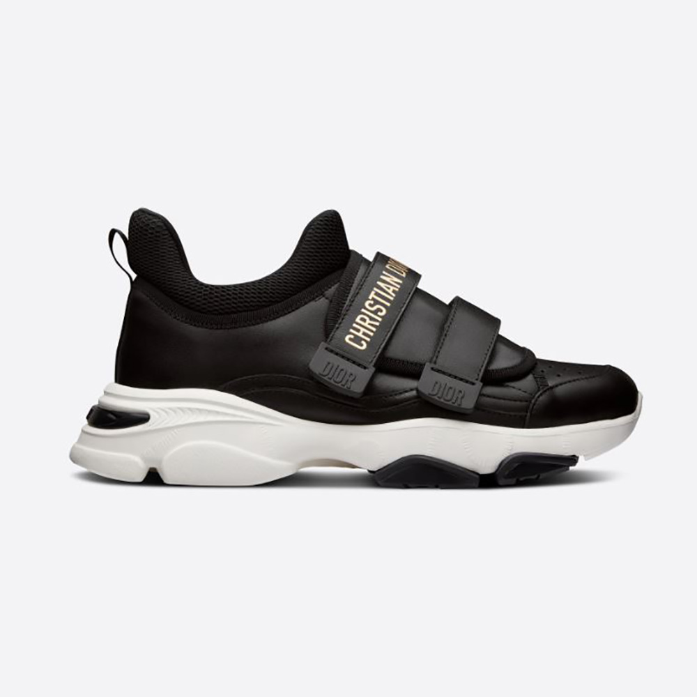 Front angle of Dior Women D-wander Sneaker Black Calfskin showing lace-up detail