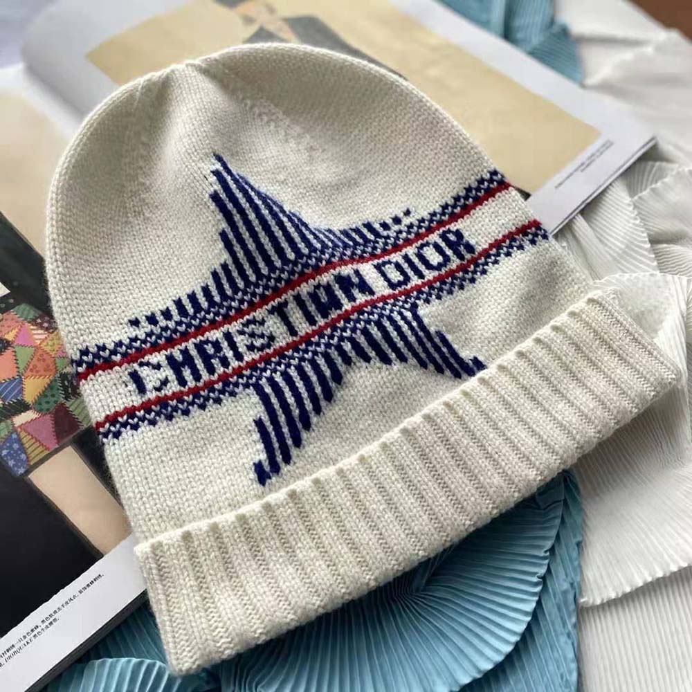 Side angle showing texture of Dior Women Dioralps Beanie in white tones