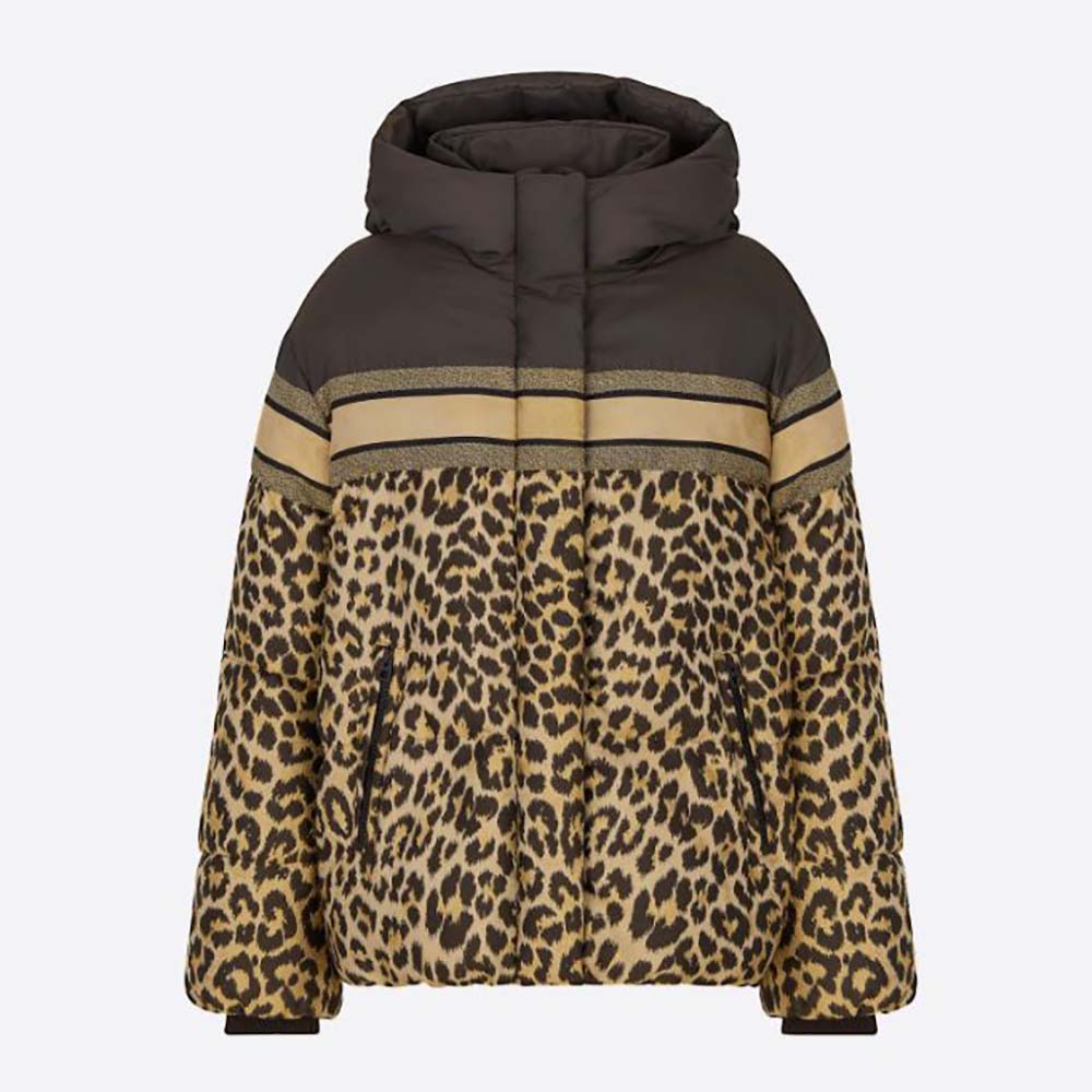 Front view of Dior Women Dioralps Hooded Down Jacket in beige multicolor