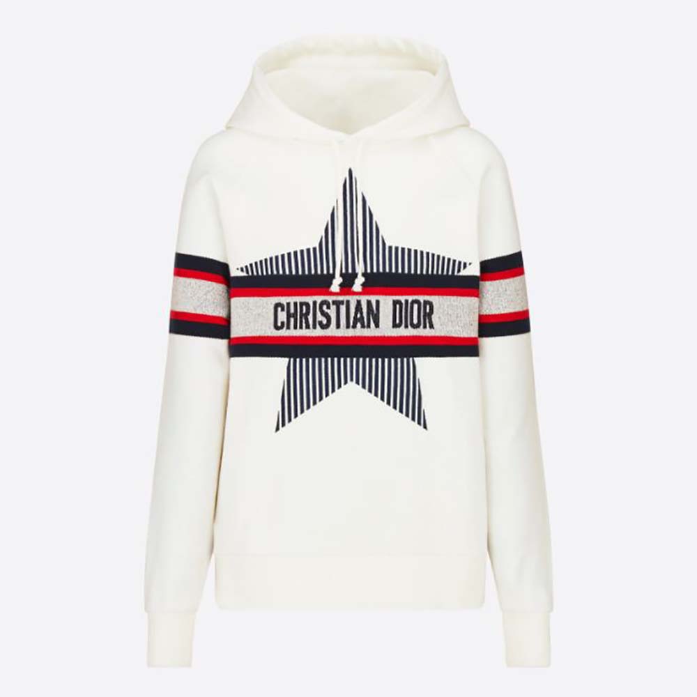 Front view of Dior Women Dioralps Hooded Sweatshirt White Three-Tone Dior Star Cotton Jersey