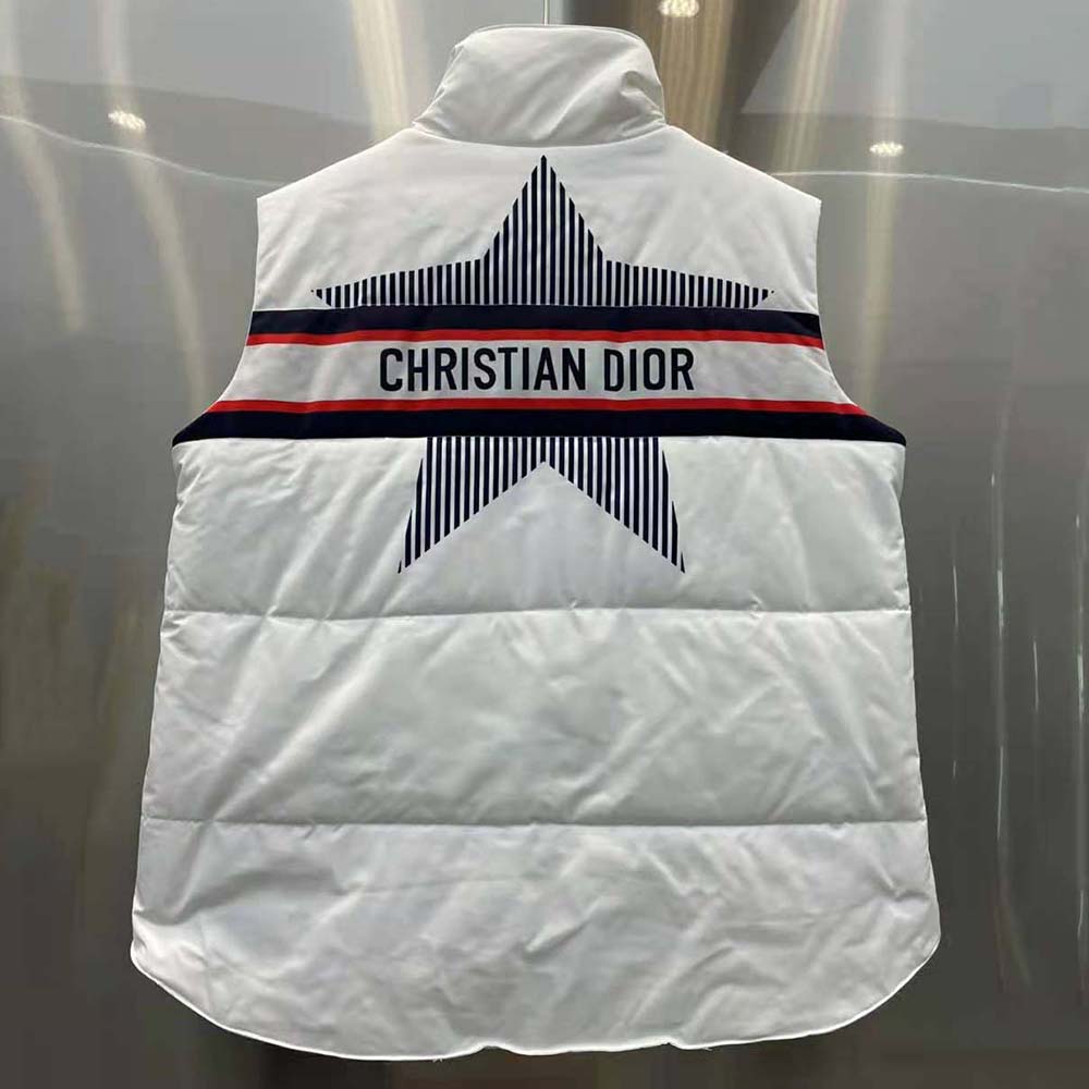 Side angle highlighting layering potential of Dior Women Dioralps Sleeveless Down Jacket-White