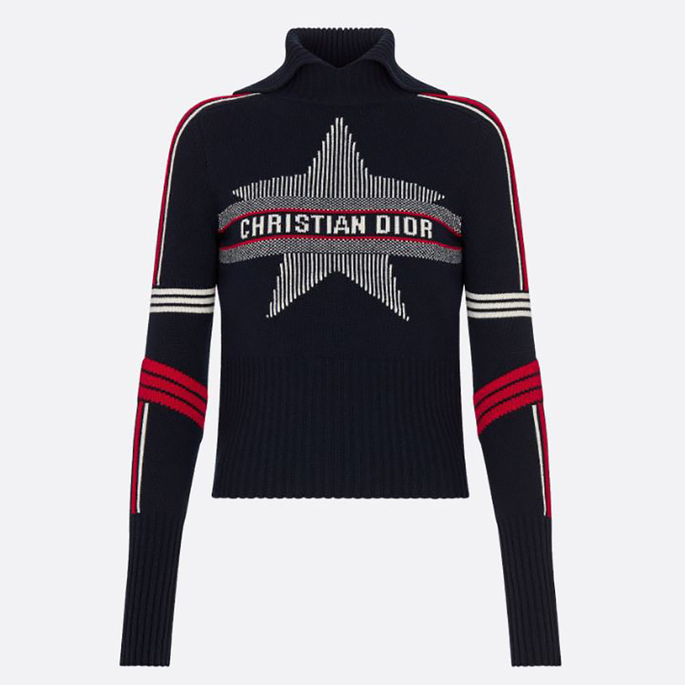 Dior Women Dioralps Stand Collar Sweater Blue Three-Tone Dior Star Wool and Cash