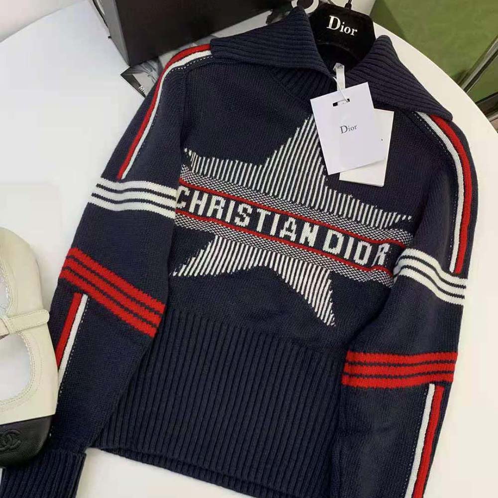 Close-up of Dior Star embroidery detail on Dioralps Stand Collar Sweater