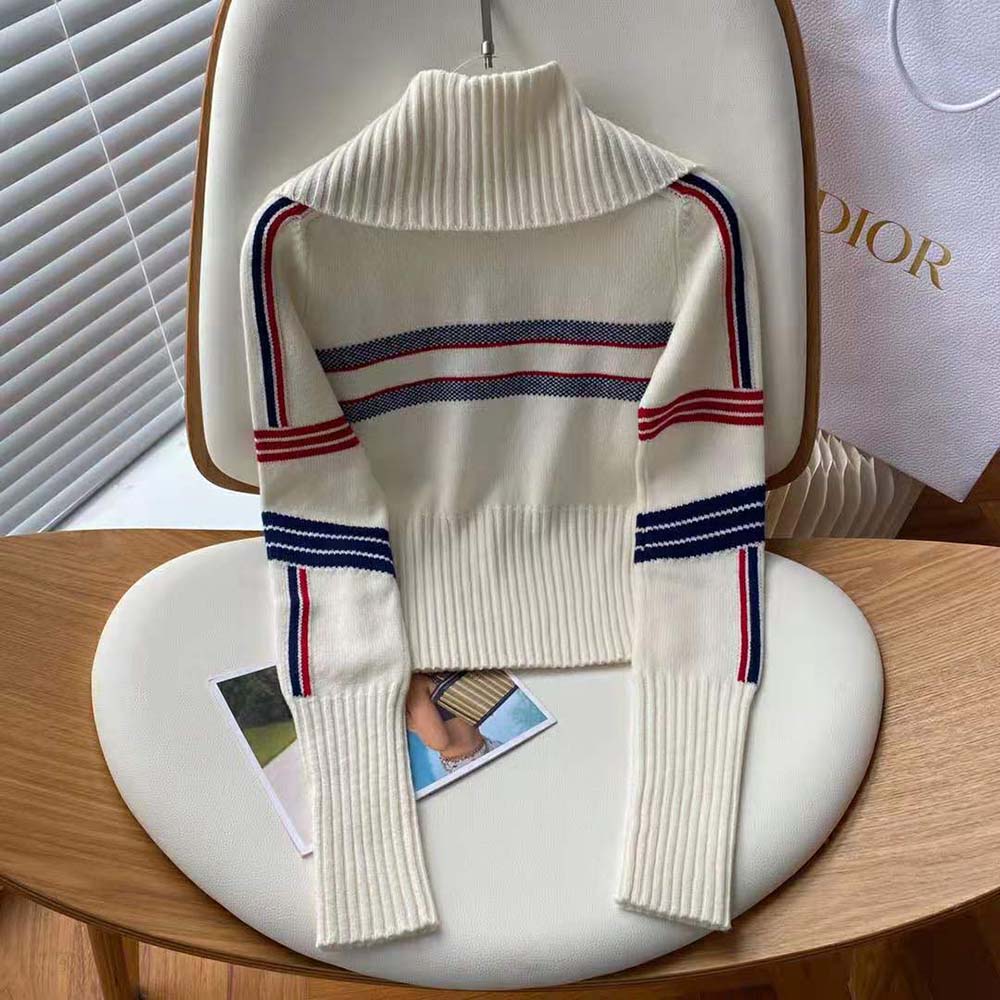 Side angle showing stand collar of Dior Women Dioralps White Sweater