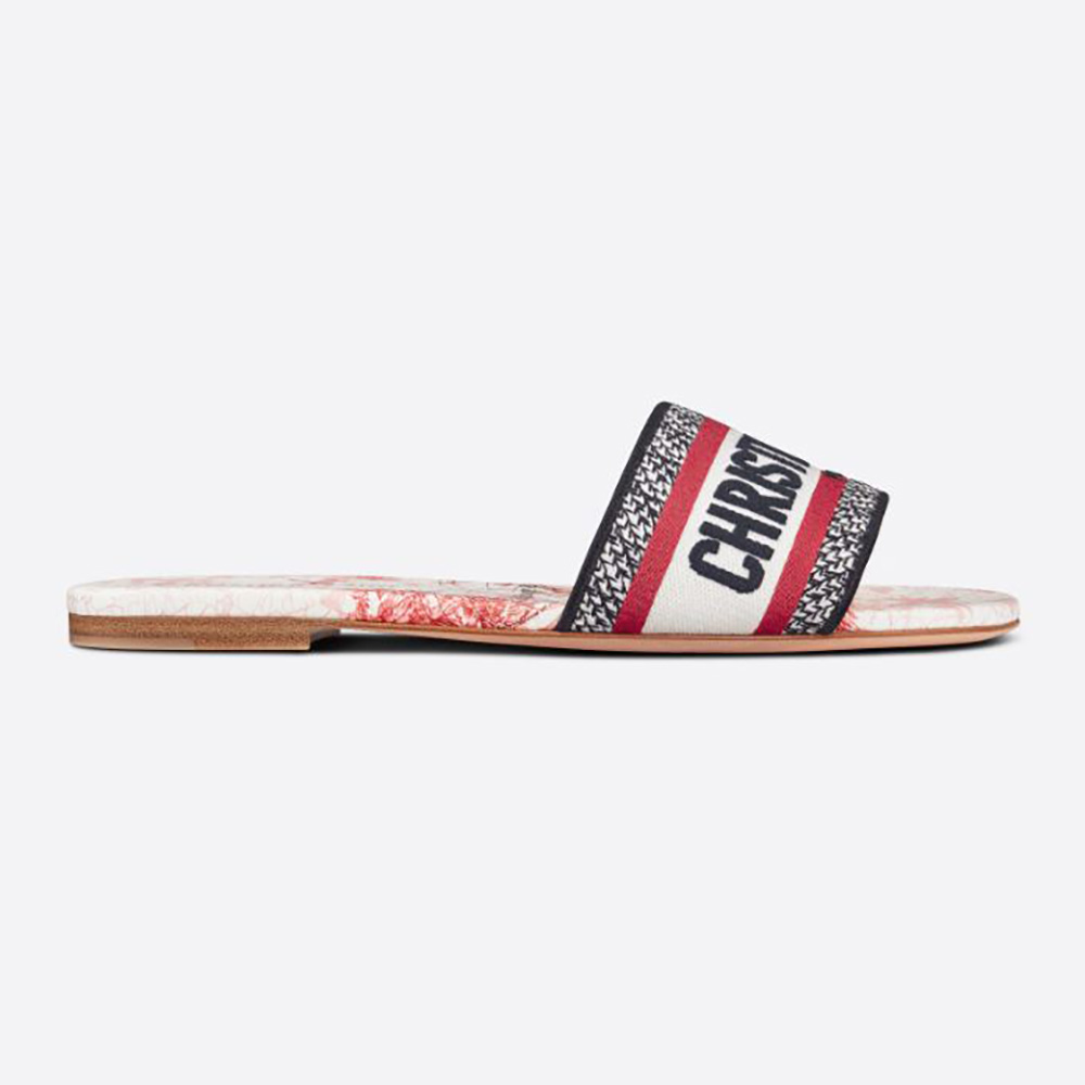 Side angle of Dior Women Dway Dioramour Slide in pink with red embroidery