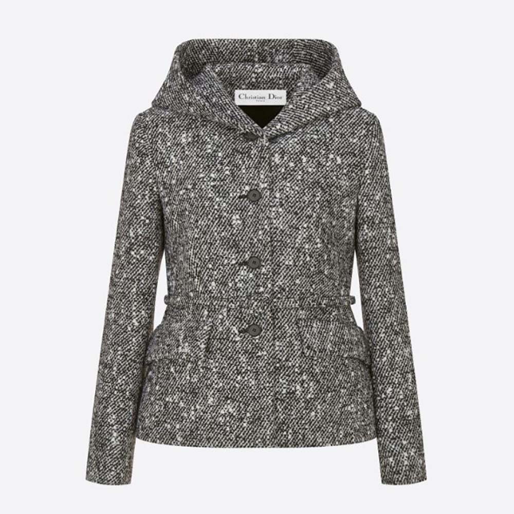 Front view of Dior Women Fitted Hooded Jacket Black and White Technical Wool Tweed and Silk