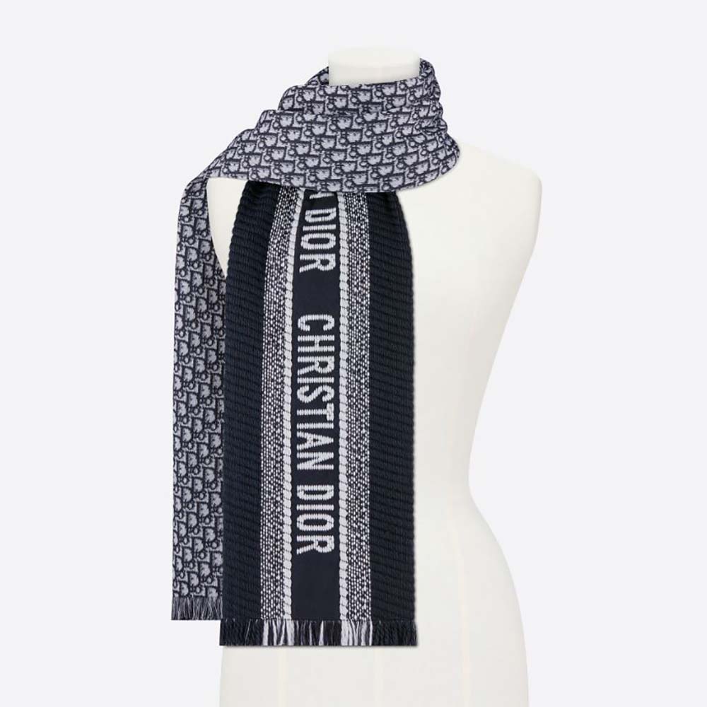 Front view of Dior Women Oblique University Reversible Scarf Navy Blue Wool and Silk folded