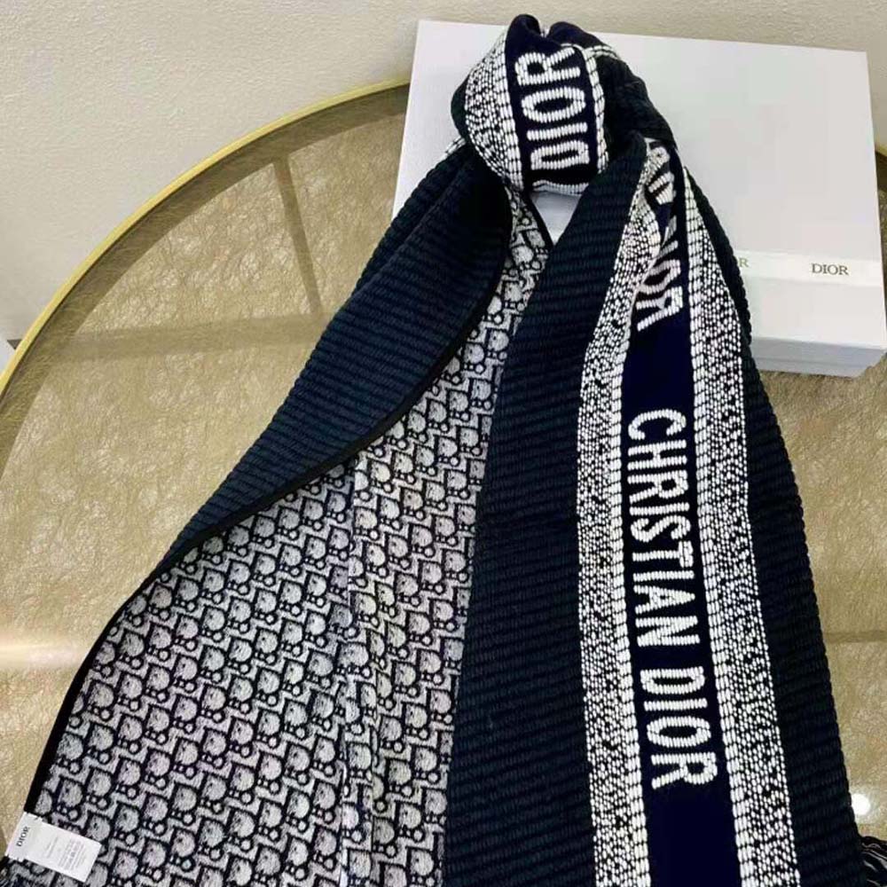 Dior Women Oblique University Reversible Scarf Navy Blue Wool and Silk - image 4
