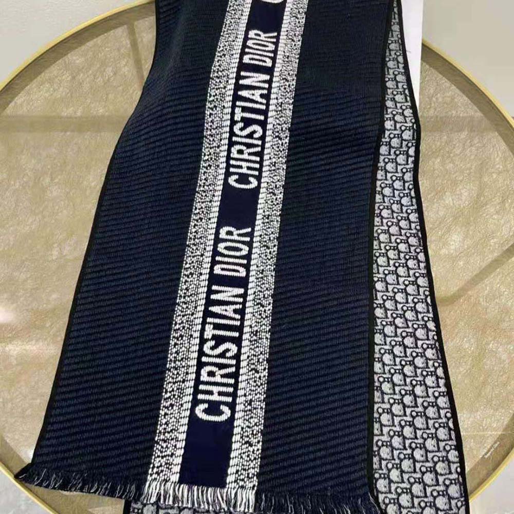 Dior Women Oblique University Reversible Scarf Navy Blue Wool and Silk - image 7