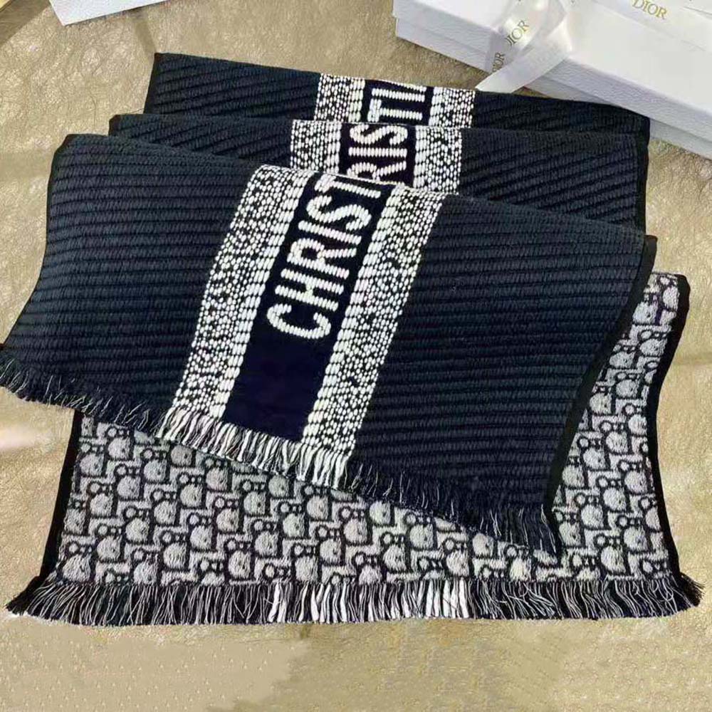 Dior Women Oblique University Reversible Scarf Navy Blue Wool and Silk - image 6