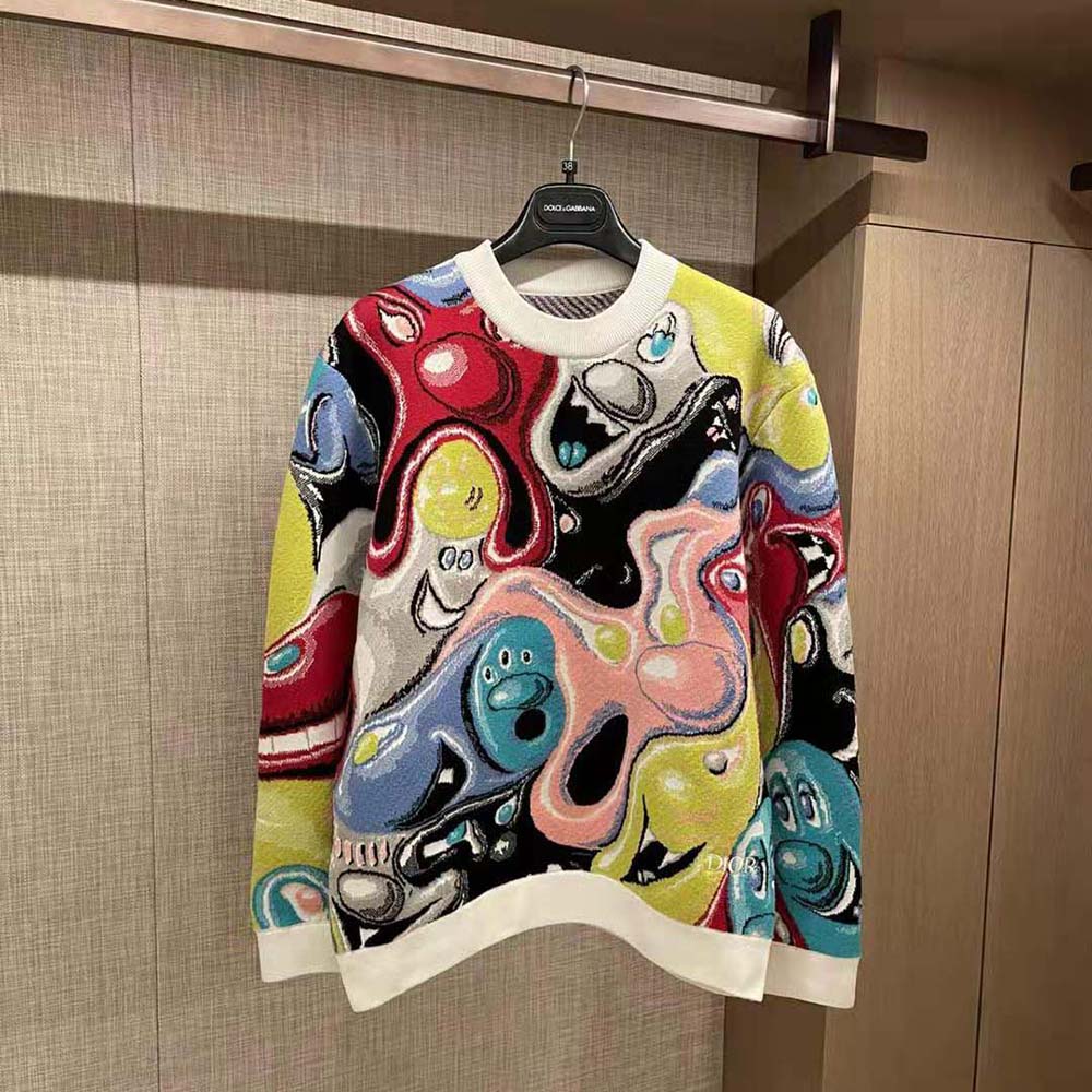 Close-up on multicolor jacquard pattern of Dior Women Oversized Dior and Kenny Scharf Sweater