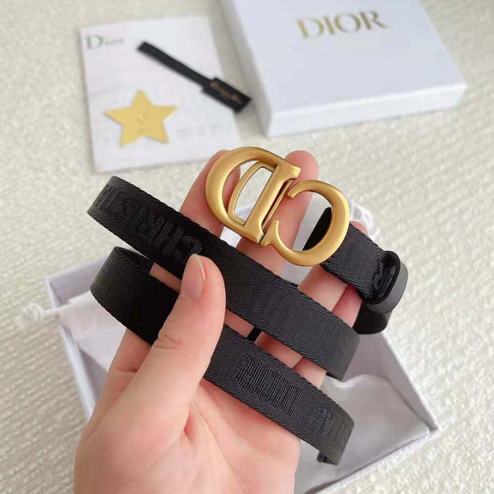 Side view showing slim silhouette of Dior Women Saddle Belt Black Jacquard 20 MM
