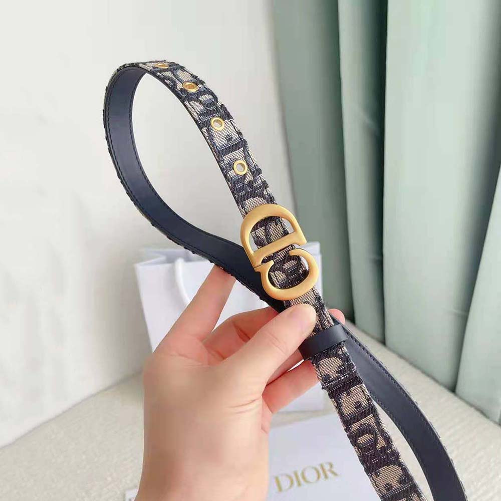 Close-up of silver Dior logo hardware on blue jacquard belt