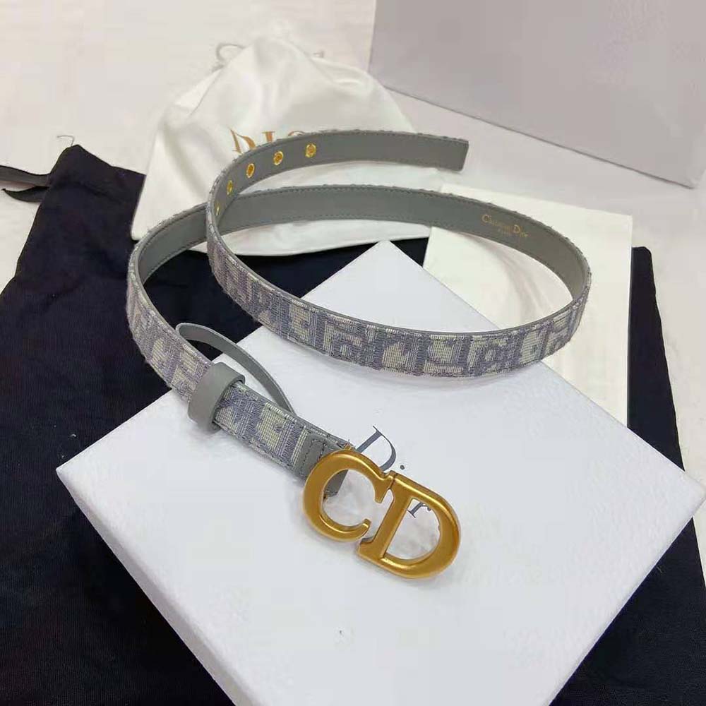 Close-up on silver buckle of Dior Women Saddle Belt Gray Dior Oblique Jacquard 20 MM