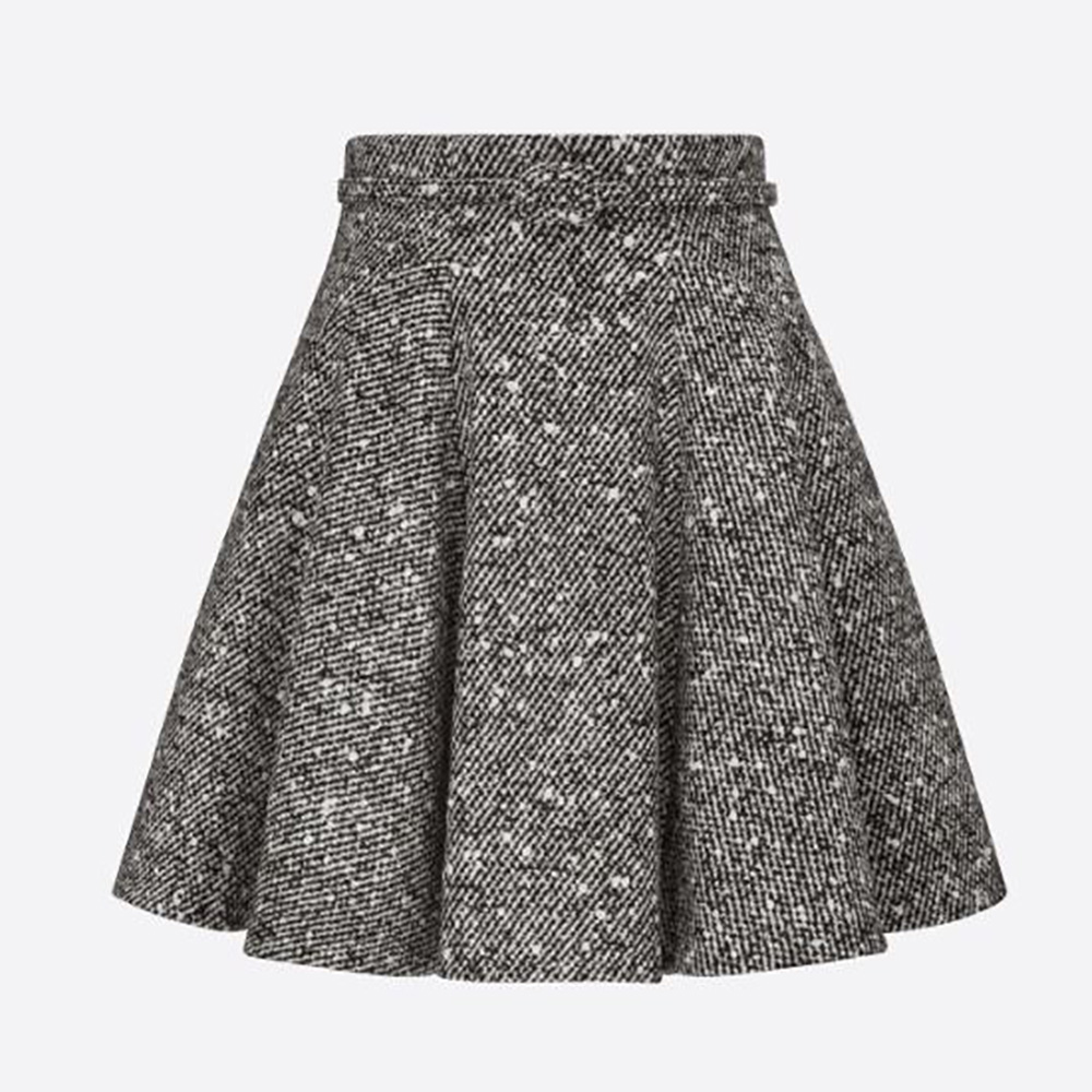 Front view of Dior Women Short Skirt Black and White Wool and Silk Mouline
