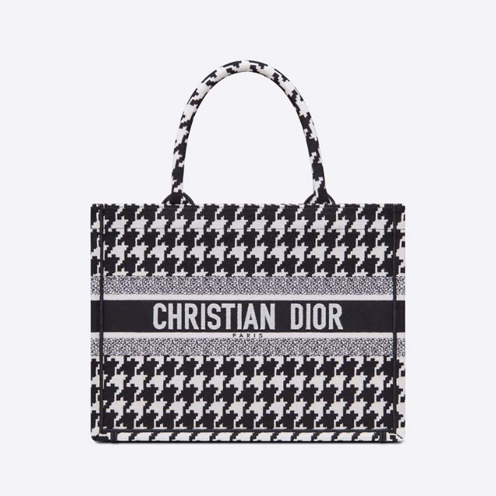 Front view of Dior Women Small Dior Book Tote Black Houndstooth Embroidery