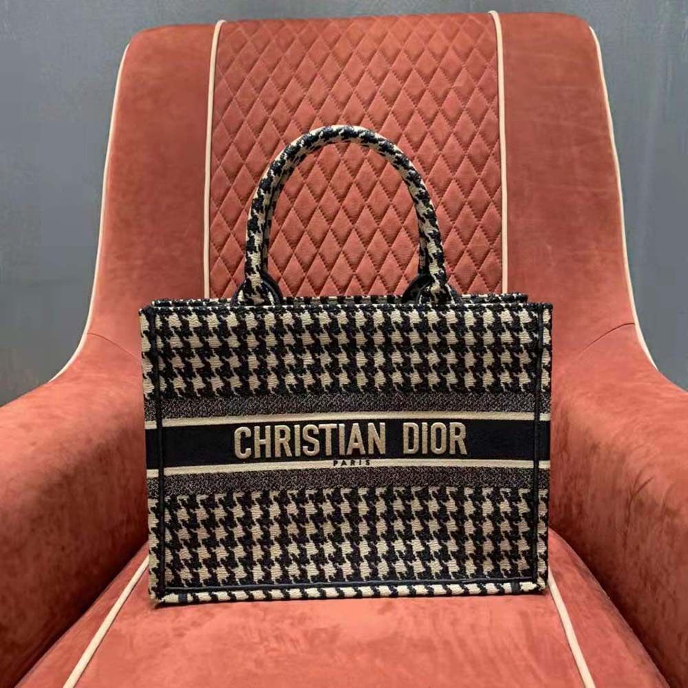 Close-up of black houndstooth embroidery on Dior Women Small Dior Book Tote