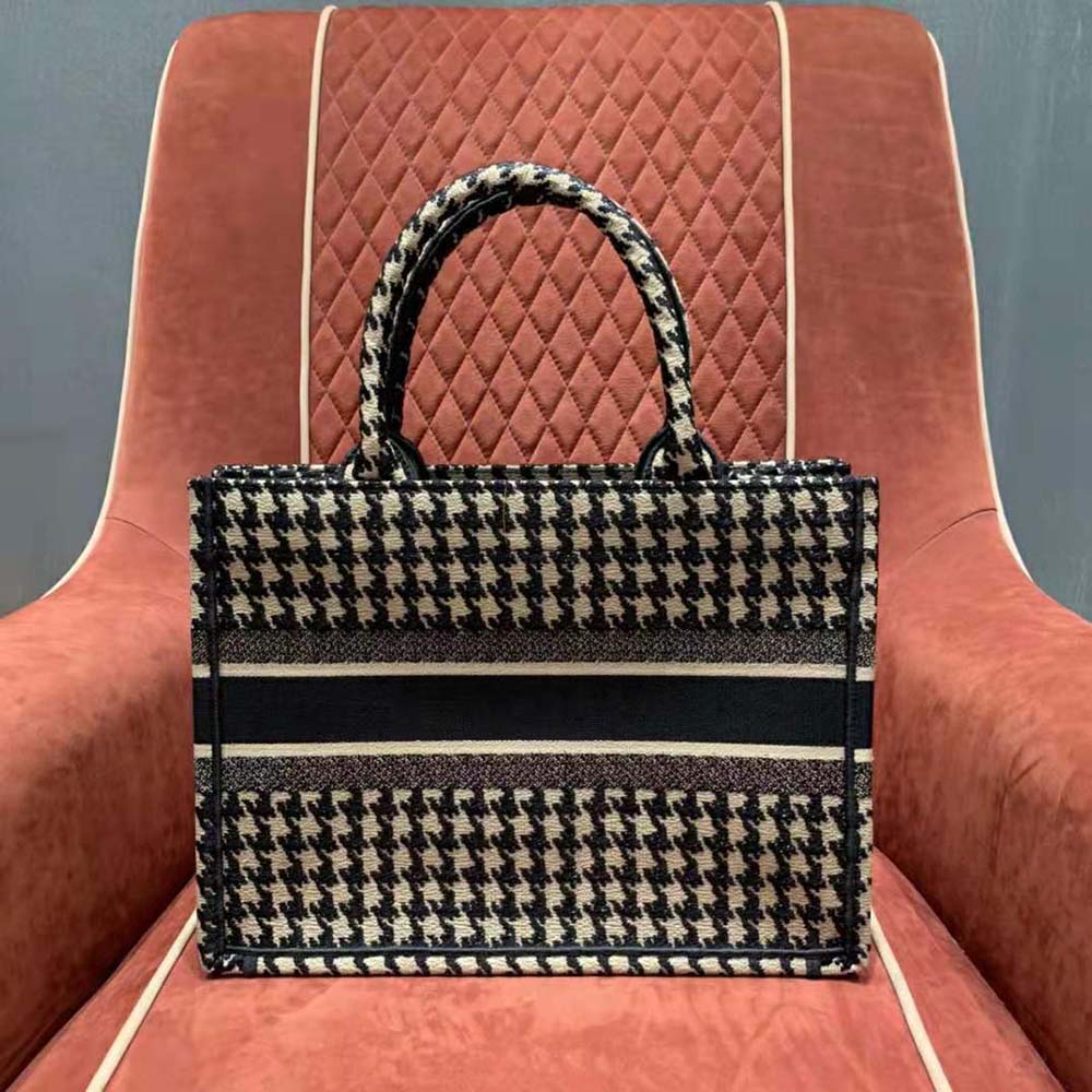 Side angle showing silver-tone hardware on Dior Women Small Dior Book Tote