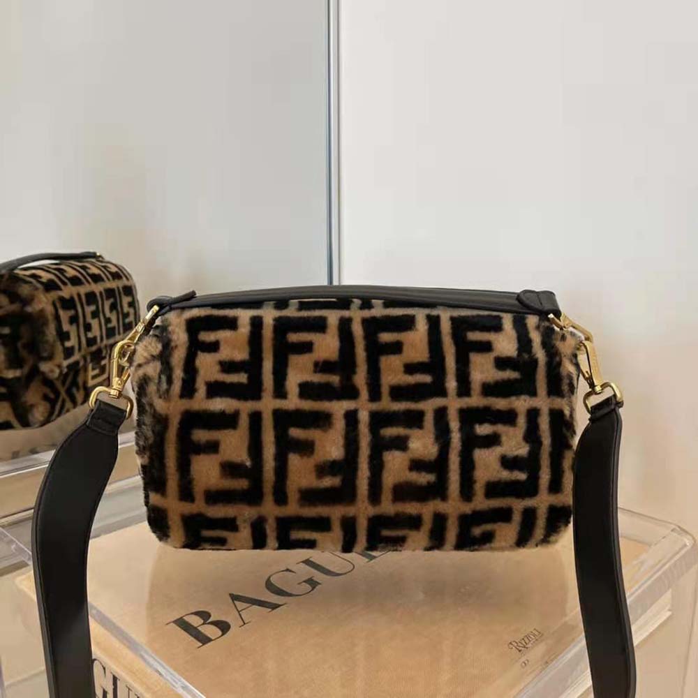 Side profile showing texture on Fendi Women Baguette Brown Sheepskin Bag