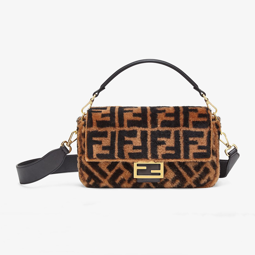 Front view of Fendi Women Baguette Brown Sheepskin Bag with flap closed