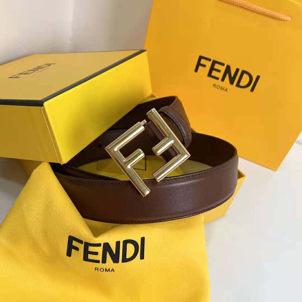 Close-up of gold-tone FF stud buckle on Fendi Women Belt with Loop