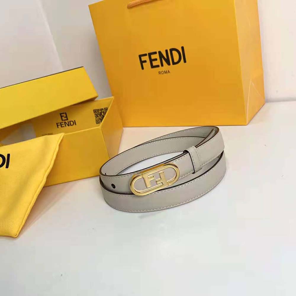 Side angle showing white leather texture and buckle on Fendi narrow belt