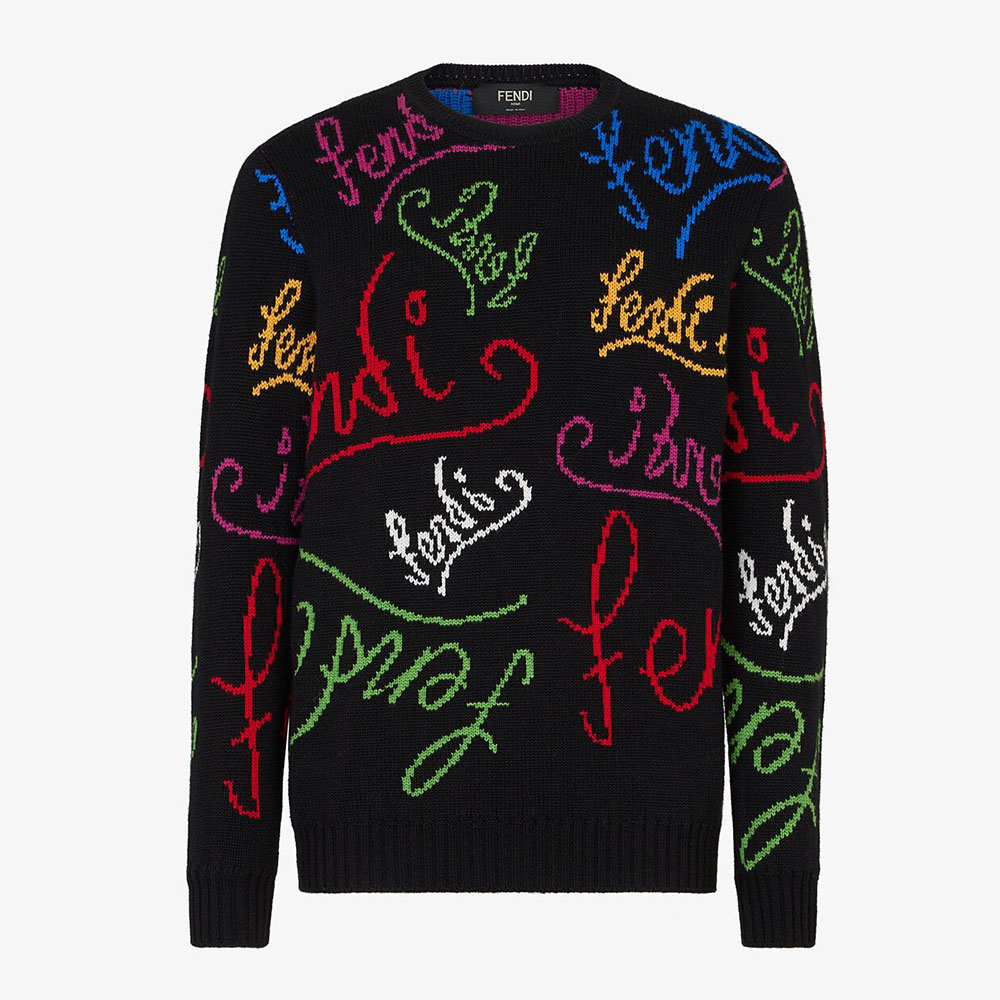 Front view of Fendi Women Sweater with Crew Neck and Long Sleeves in black