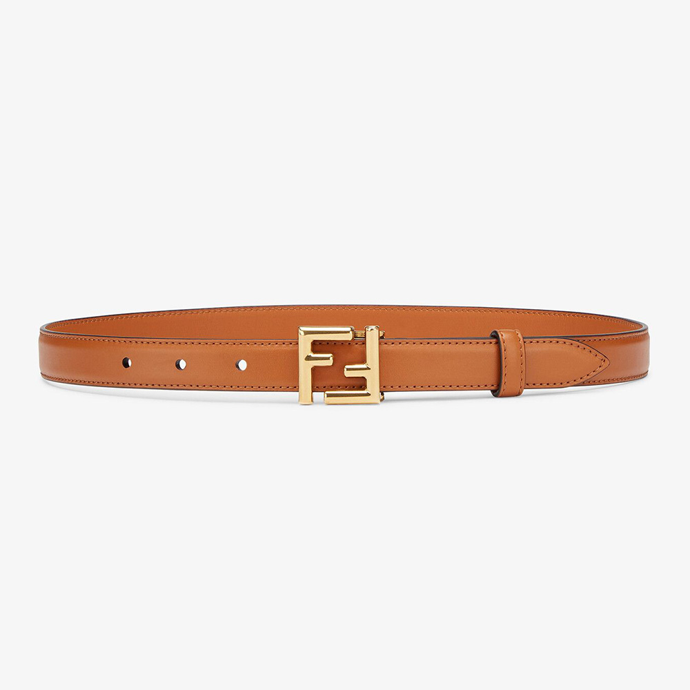 Front view of Fendi Women Thin Belt with Loop and FF Stud Buckle-Brown