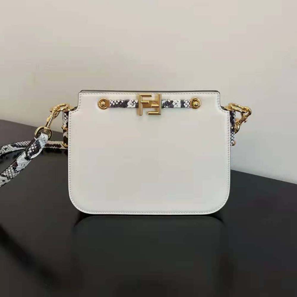 Close-up of metal FF clasp on Fendi Women Touch White Leather Bag