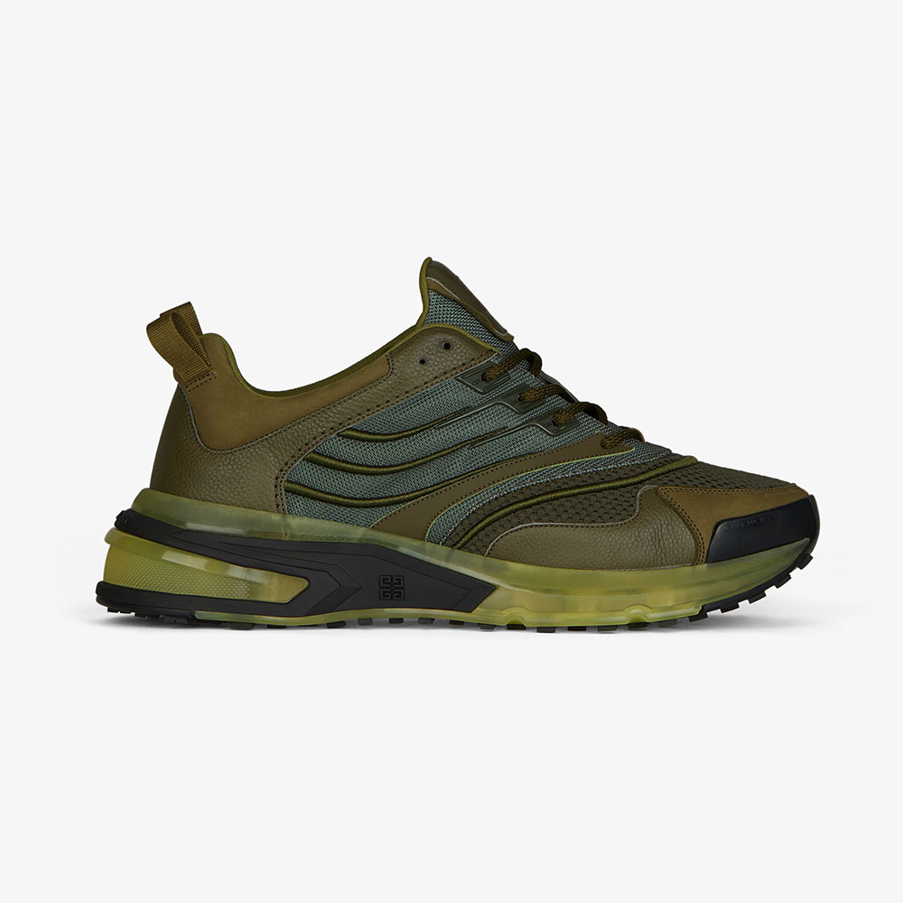 Side view of Givenchy Unisex Giv 1 Sneakers in Leather and Mesh-Green