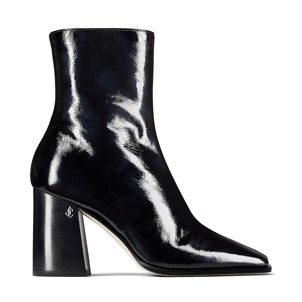 Side angle of Jimmy Choo Women Bryelle 85 Black Naplack Block Heel Ankle Boots