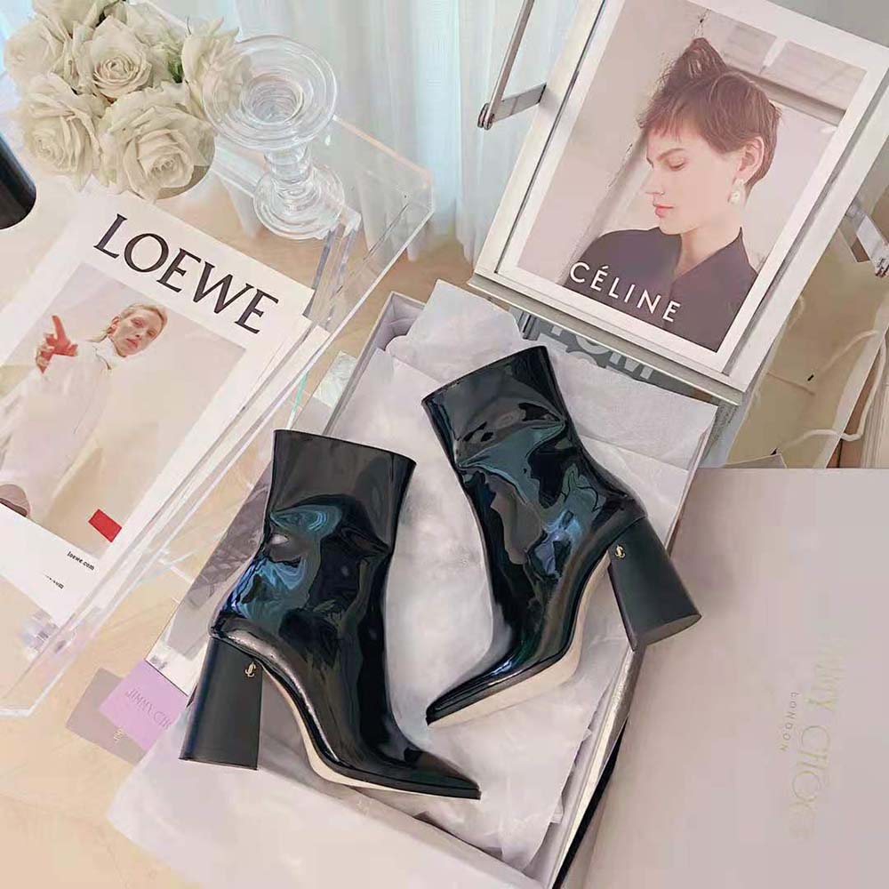 Front view showcasing block heel on Jimmy Choo Women Bryelle 85 boots