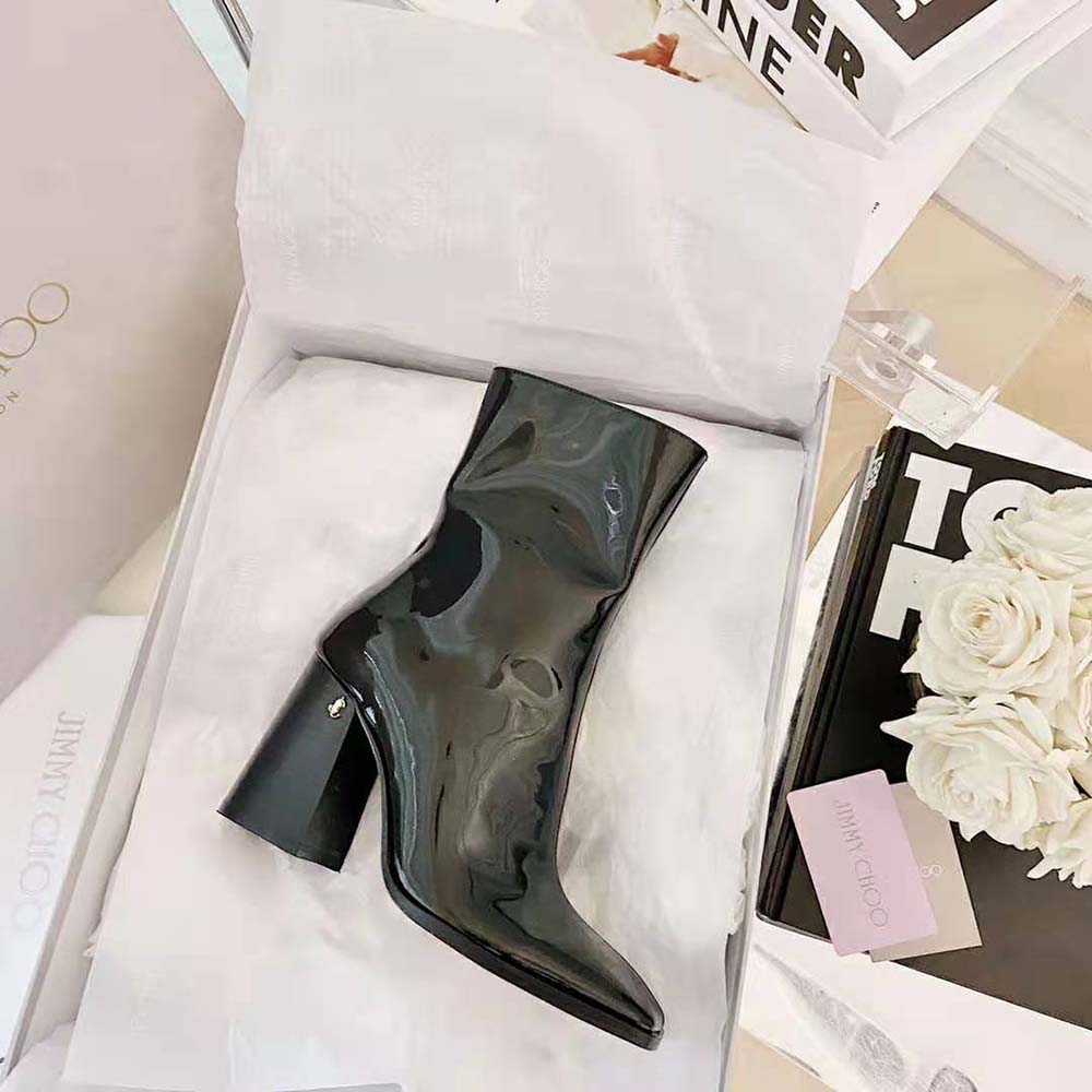 Jimmy Choo Women Bryelle 85 Black Naplack Block Heel Ankle Boots with JC emblem - image 7