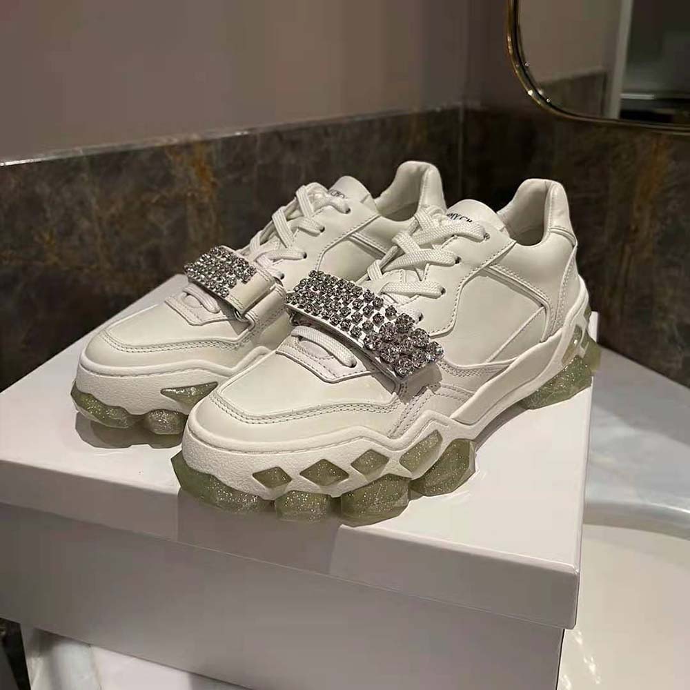 Overhead shot showcasing low top silhouette of Jimmy Choo Women Diamond X Strap/F trainers