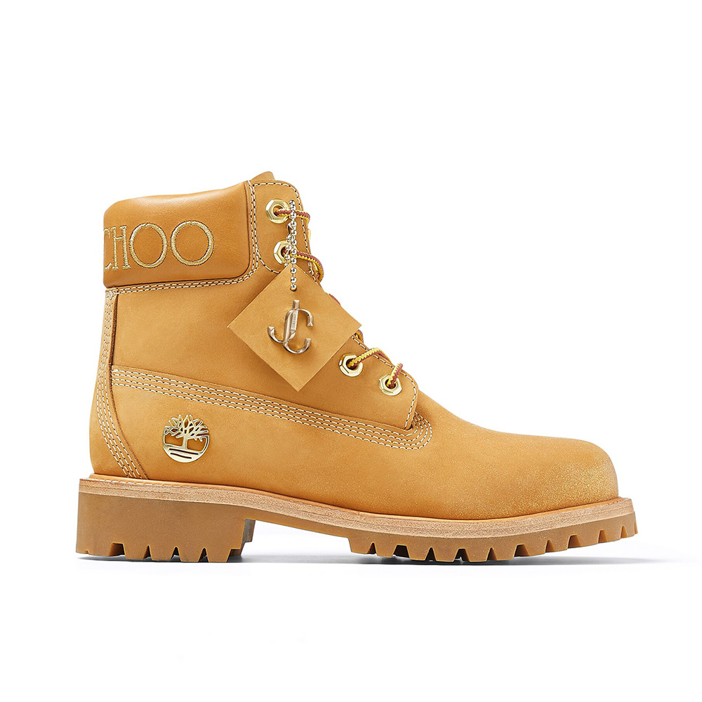 Side profile of Jimmy Choo Women JC X Timberland/F Wheat Nubuck Leather Boots with gold glitter