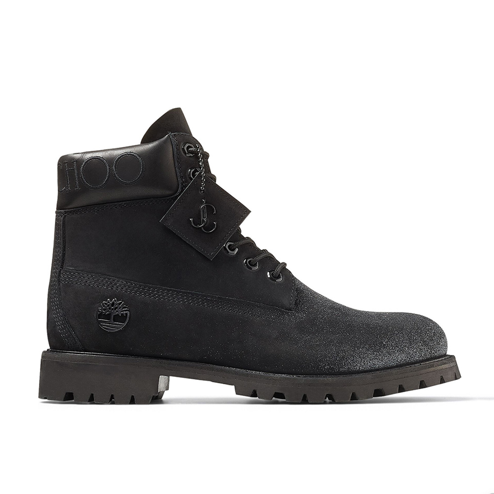 Side profile of Jimmy Choo Women JC X Timberland black nubuck boots