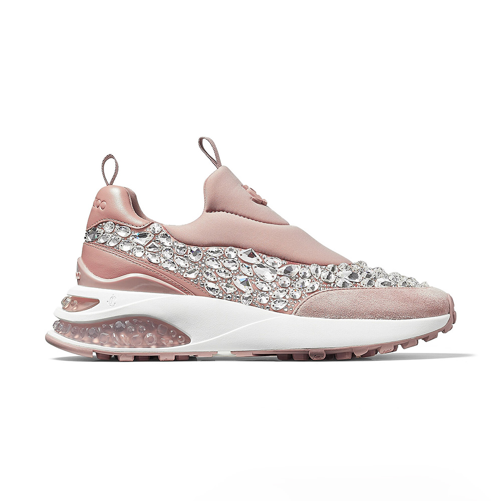 Side profile of Jimmy Choo Women Memphis/F Ballet Pink Mix Neoprene and Leather Low Top Trainers