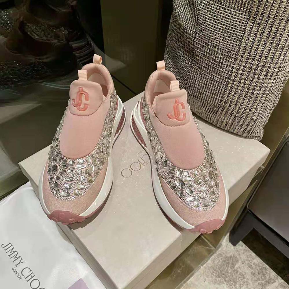 Close-up of pink leather and neoprene texture on Jimmy Choo Memphis/F trainers