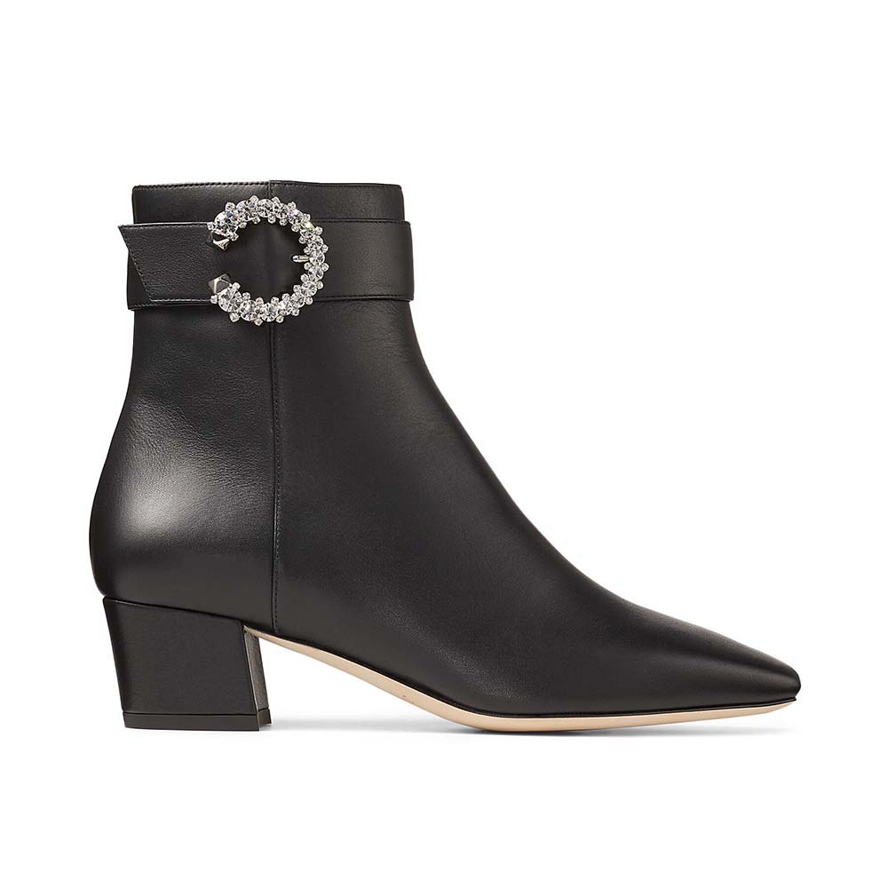 Side view of Jimmy Choo Women Myan 45 Black Smooth Leather Ankle Boots