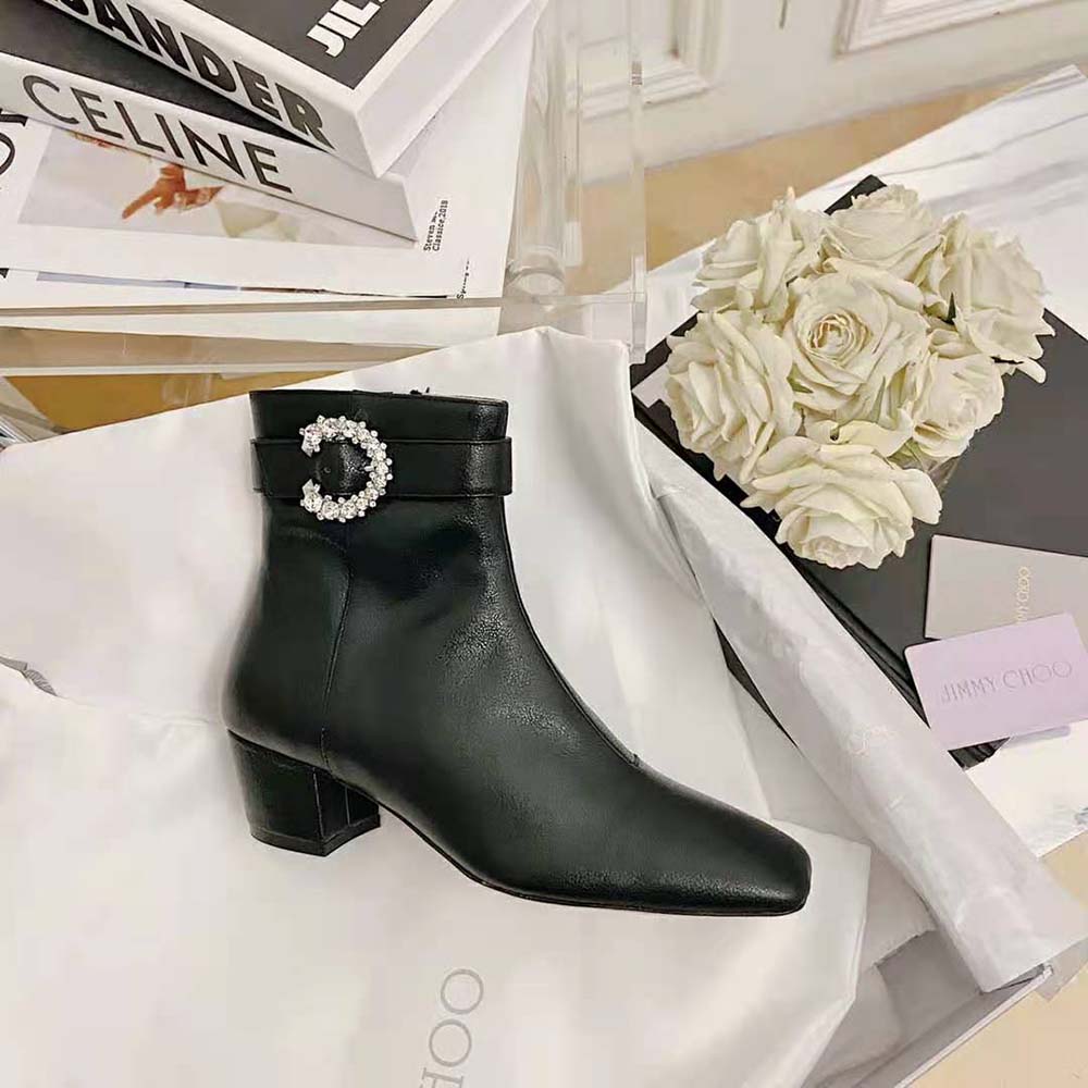 Jimmy Choo Women Myan 45 Black Smooth Leather Ankle Boots with Crystal Buckle - image 8