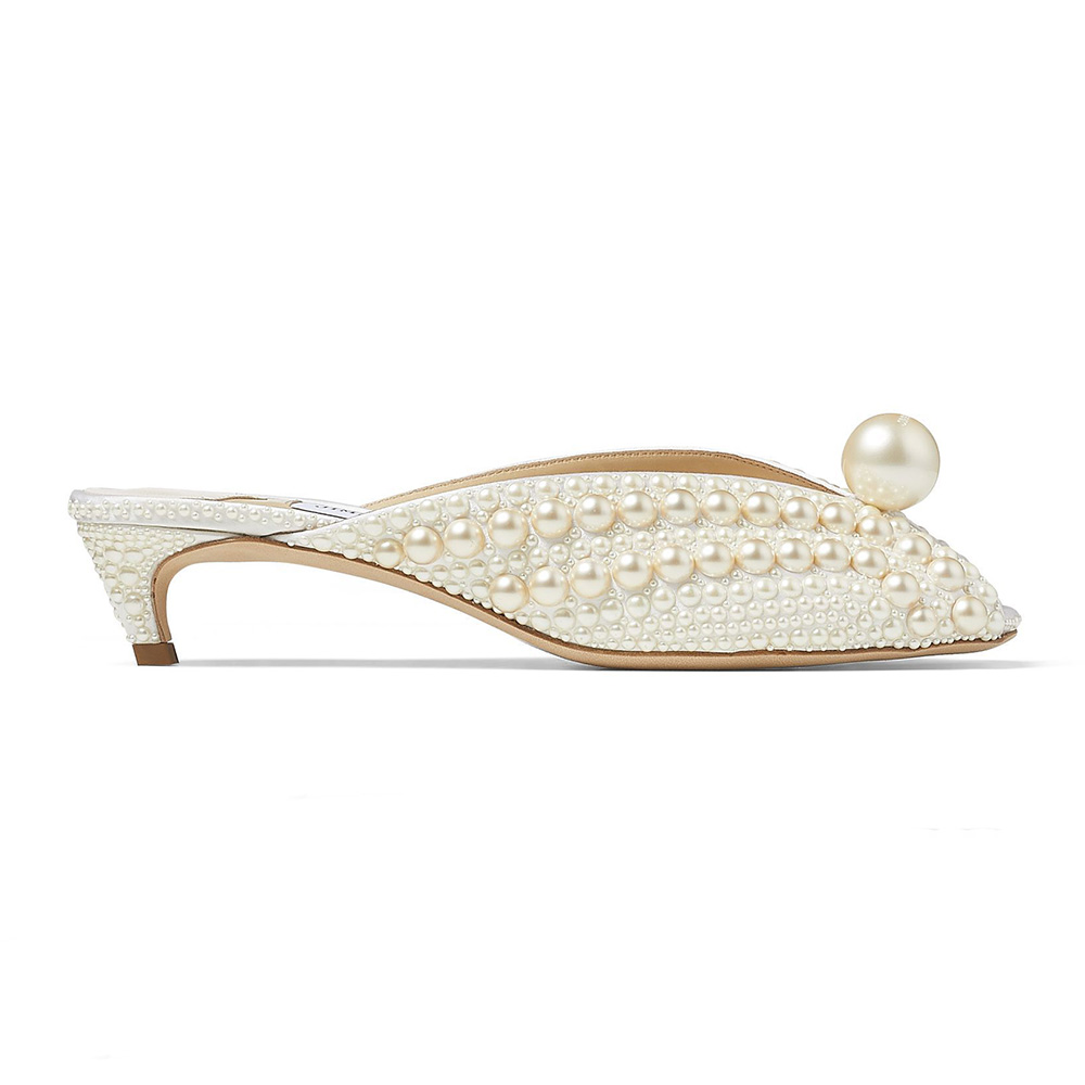 Side profile of Jimmy Choo Samantha 35 White Satin Mules with pearls
