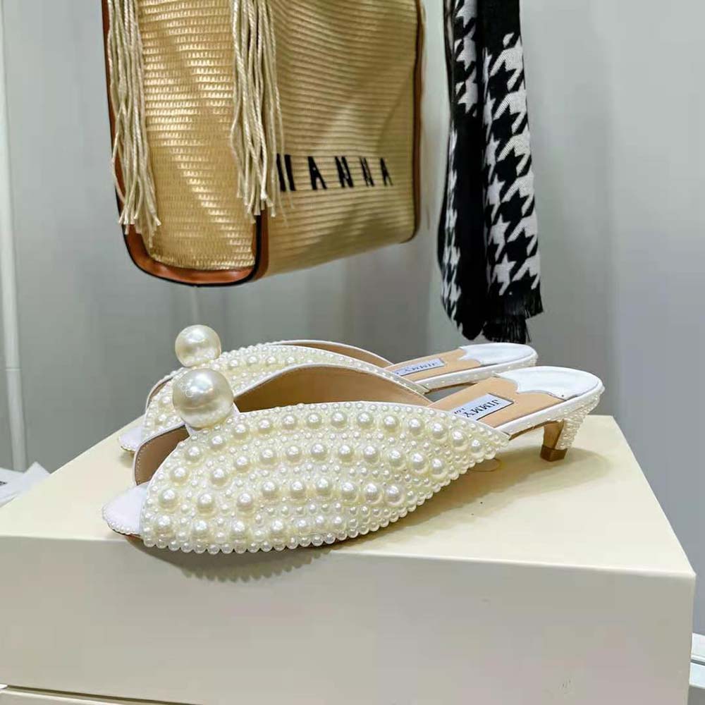 Jimmy Choo Women Samantha 35 White Satin Mules with All-Over Pearls - image 8