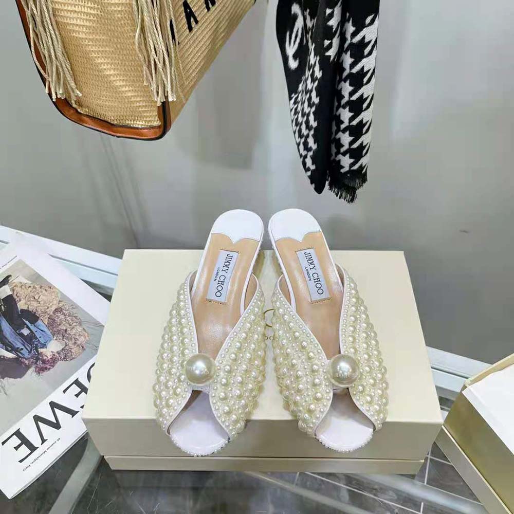 Close-up of pearl embellishments on Jimmy Choo Samantha 35 mules