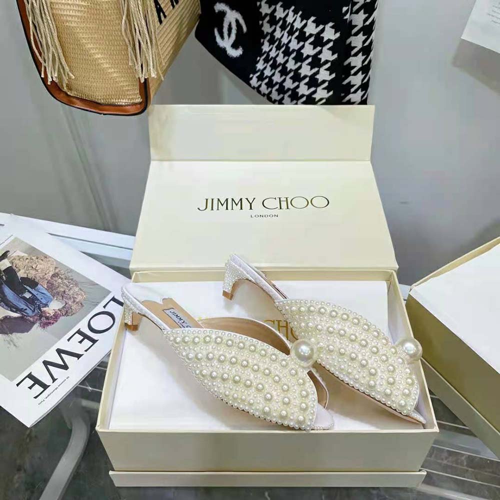 Jimmy Choo Women Samantha 35 White Satin Mules with All-Over Pearls - image 6