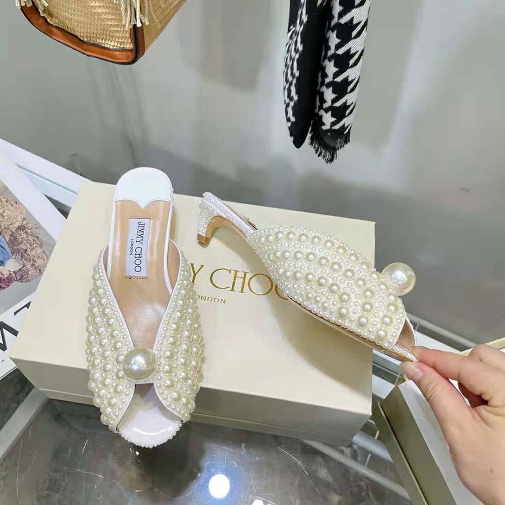 Jimmy Choo Women Samantha 35 White Satin Mules with All-Over Pearls - image 4